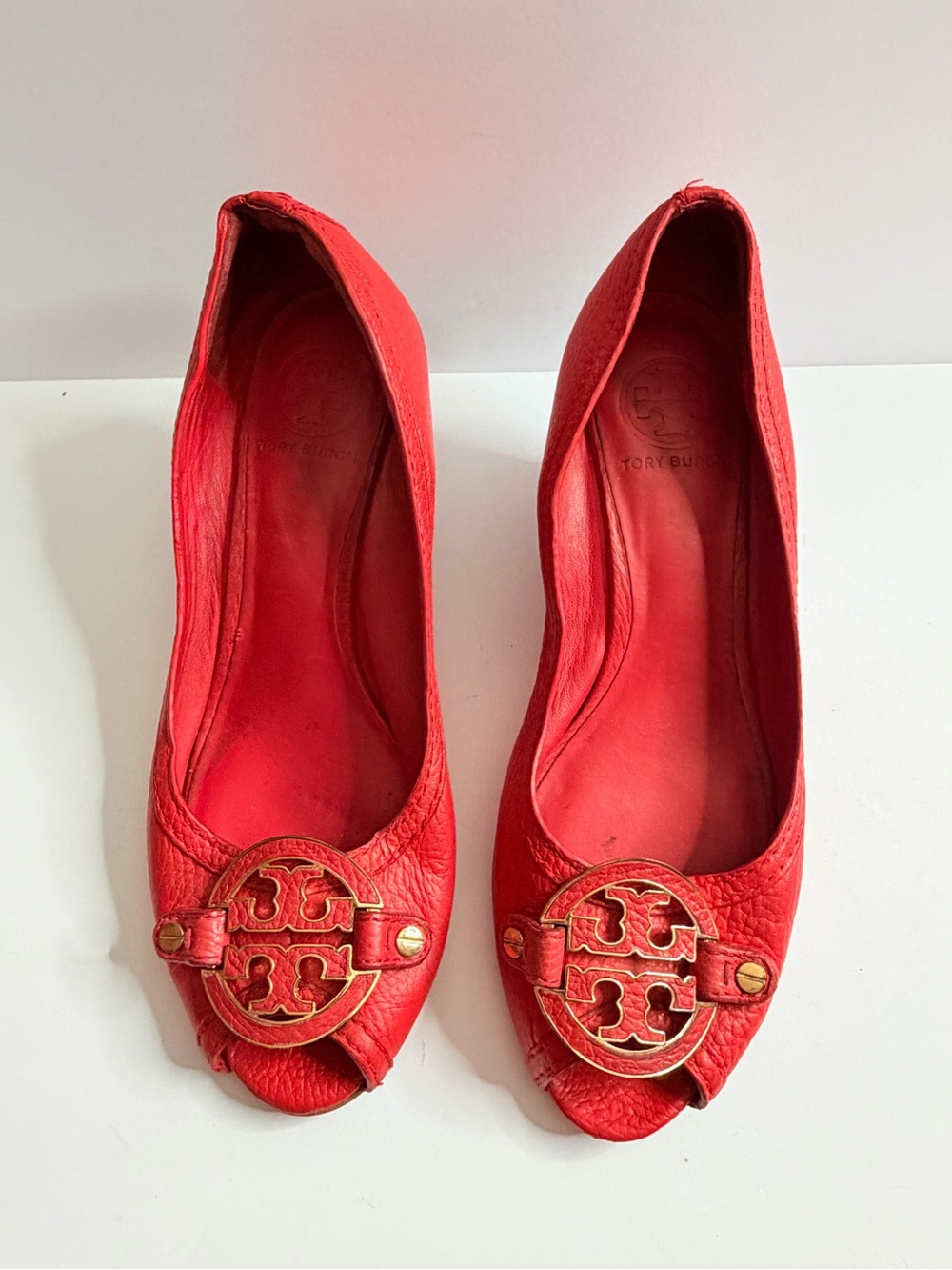 Tory Burch Red Leather Peep-Toe Flats with Gold Logo